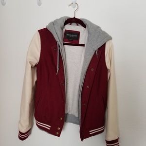 Cream & Maroon Faux Leather Obey Varsity Jacket